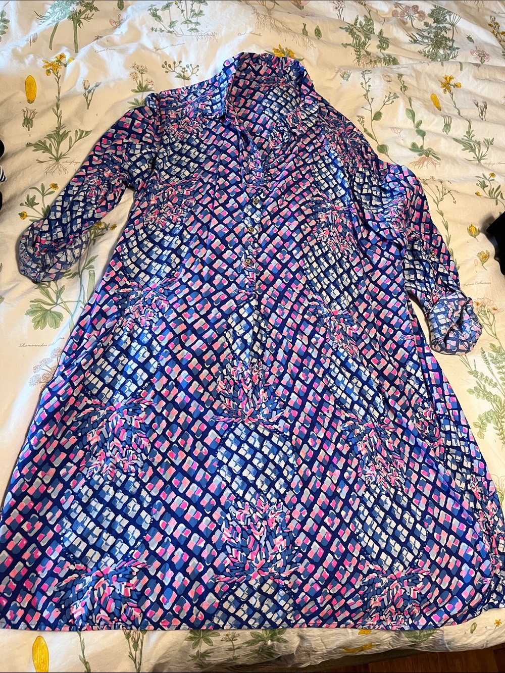 Lilly Pulitzer Vibrant Blue Pink Patterned Button-Up Tunic Dress